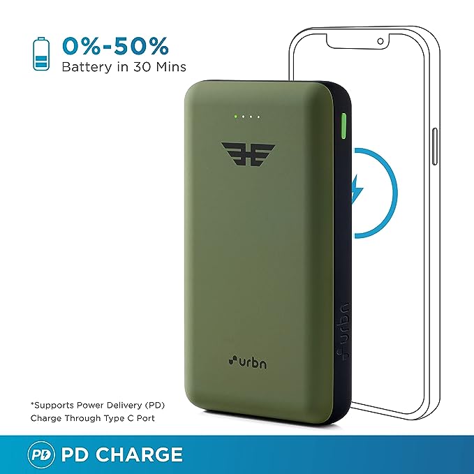 URBN 20000 mAh Lithium_Polymer 22.5W Super Fast Charging Ultra Compact Power Bank with Quick Charge & Power Delivery, Type C Input/Output, Made in India, Type C Cable Included (Camo) URBN 20000 mAh Lithium_Polymer 22.5W Super Fast Charging Ultra Compact Power Bank with Quick Charge & Power Delivery, Type C Input/Output, Made in India, Type C Cable Included (Camo)